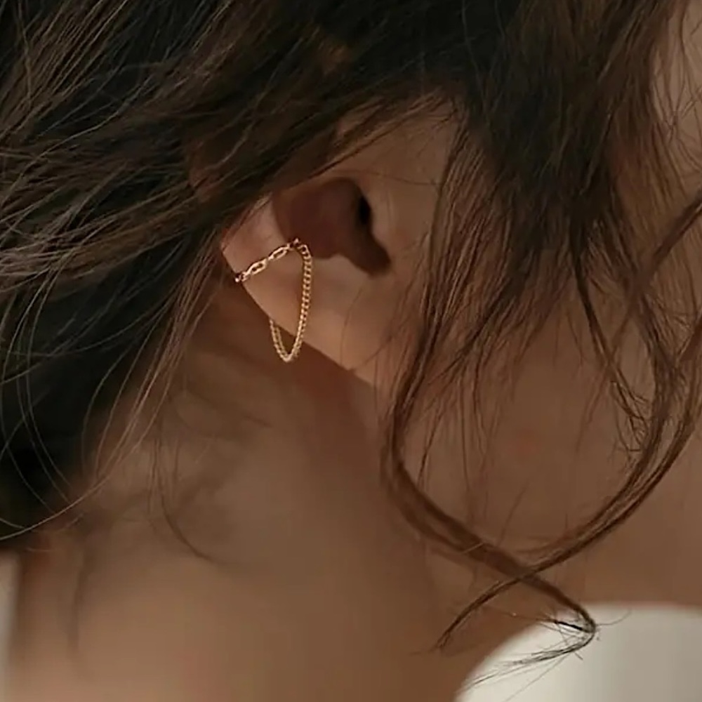 Gold tone cuff and chain blogger favorite minimalist earring non-pierced new NWT